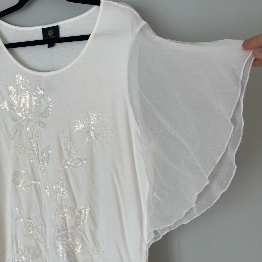 NWT JM Collection Beach Bliss Flowy Shoulder Ruffle Floral Sequin Shirt Top - Picture 2 of 9